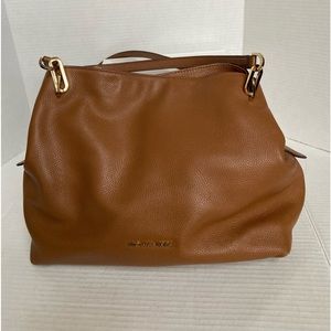 Michael Kors Raven Large Travel Tote Bag Brown Leather Tan Gold Chain Satchel